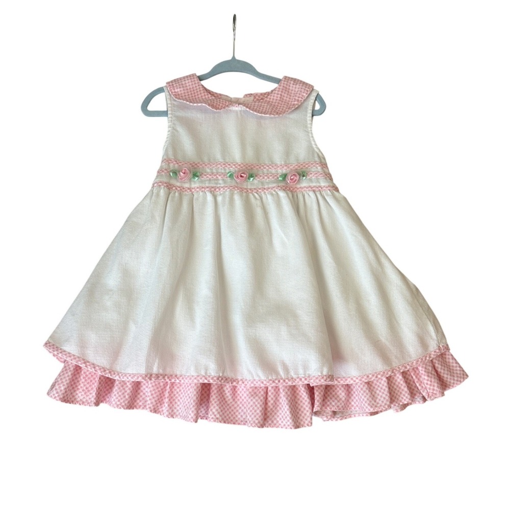 Rare Editions Dress Kids White Pink Gingham Rosette Vintage Style SIZE 3T